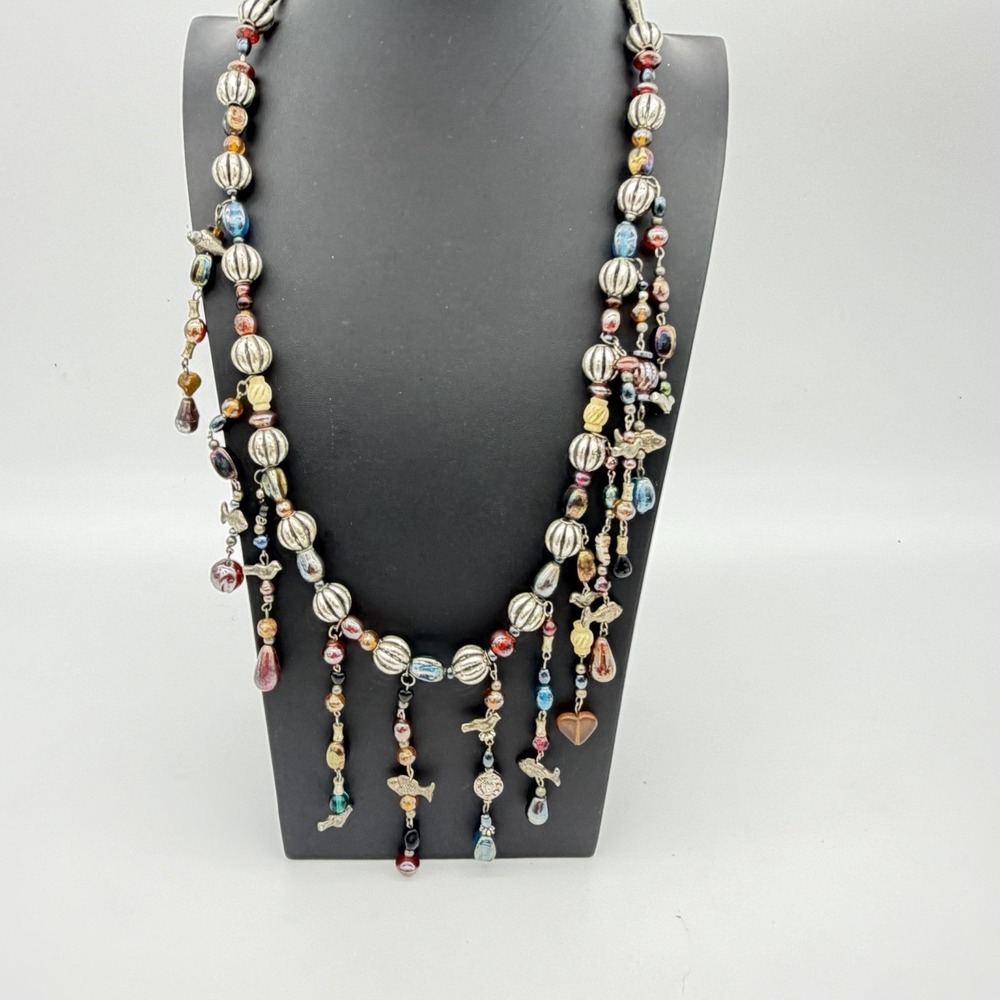 Vtg Charm Dangle Necklace Fetish Bird Fish Art Glass Statement Hippie Boho